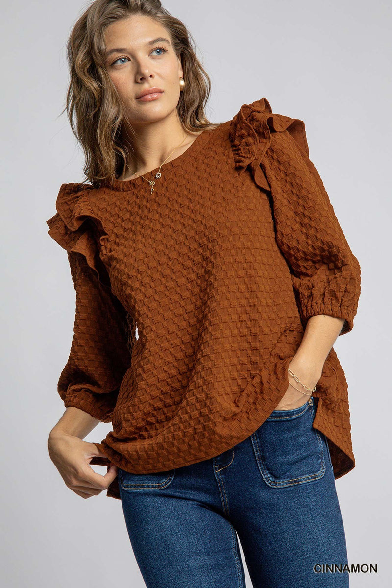 Cinnamon Ruffle Texture Round Hem Blouse – The Red Raccoon