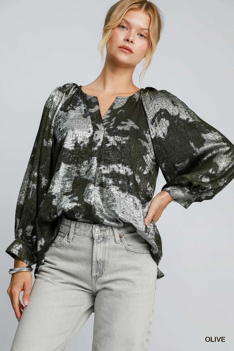 Olive Silver Liquid Metallic Blouse