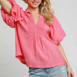 Hot Pink Smock Yoke Big Puff Sleeve Blouse