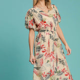 Cream Tropical Floral Dress with Smock Waist