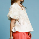 Off White Palms Embroidered Puff Sleeve Top