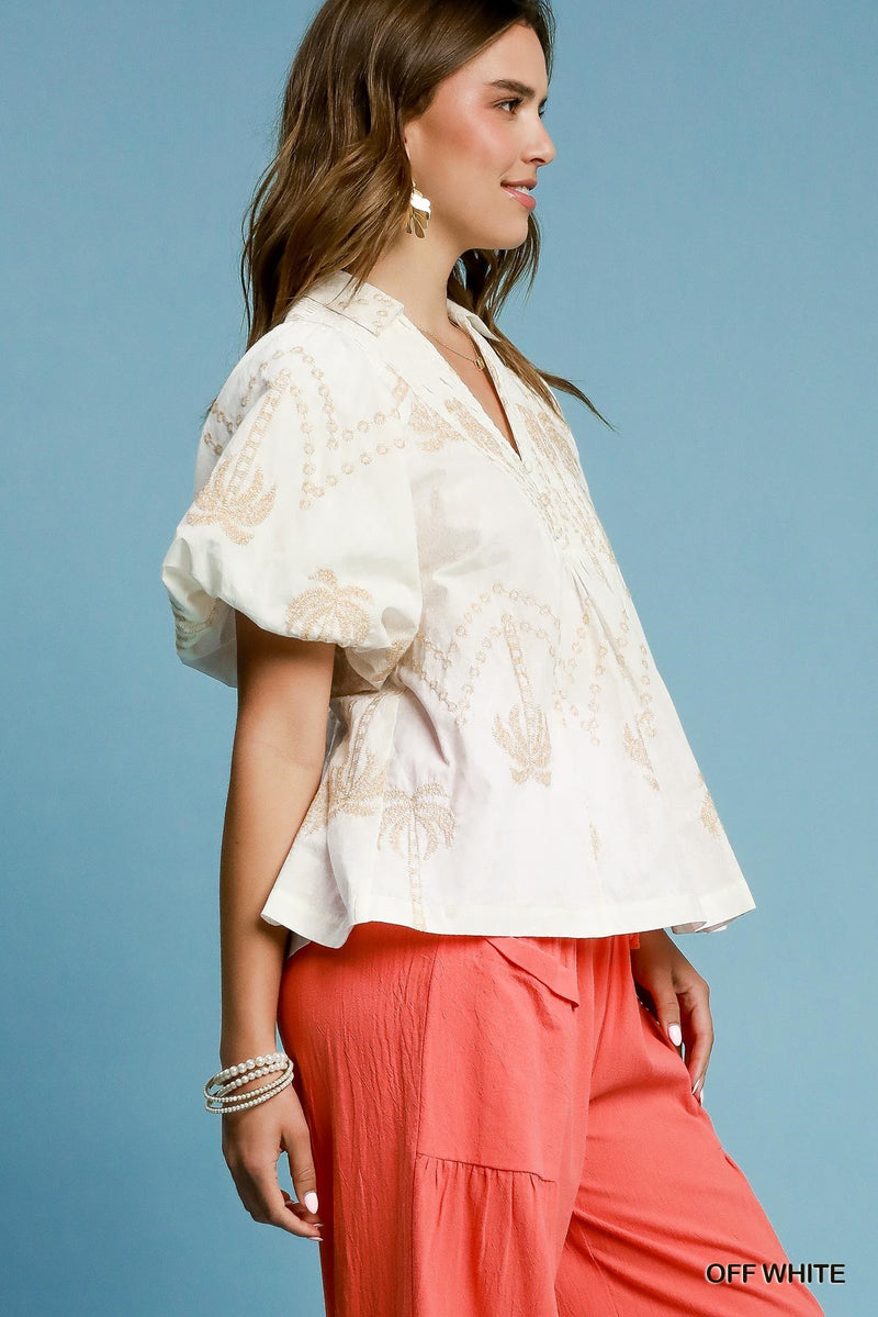 Off White Palms Embroidered Puff Sleeve Top