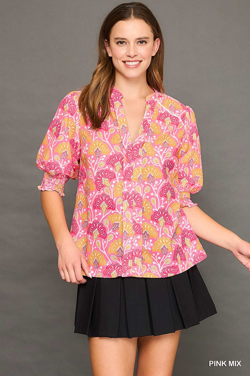 Pink Mix Split Neck Abstract Floral Blouse