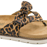 Corky's suede sold platform thong style sandals with black and brown leopard print upper with matching bow. White sole.