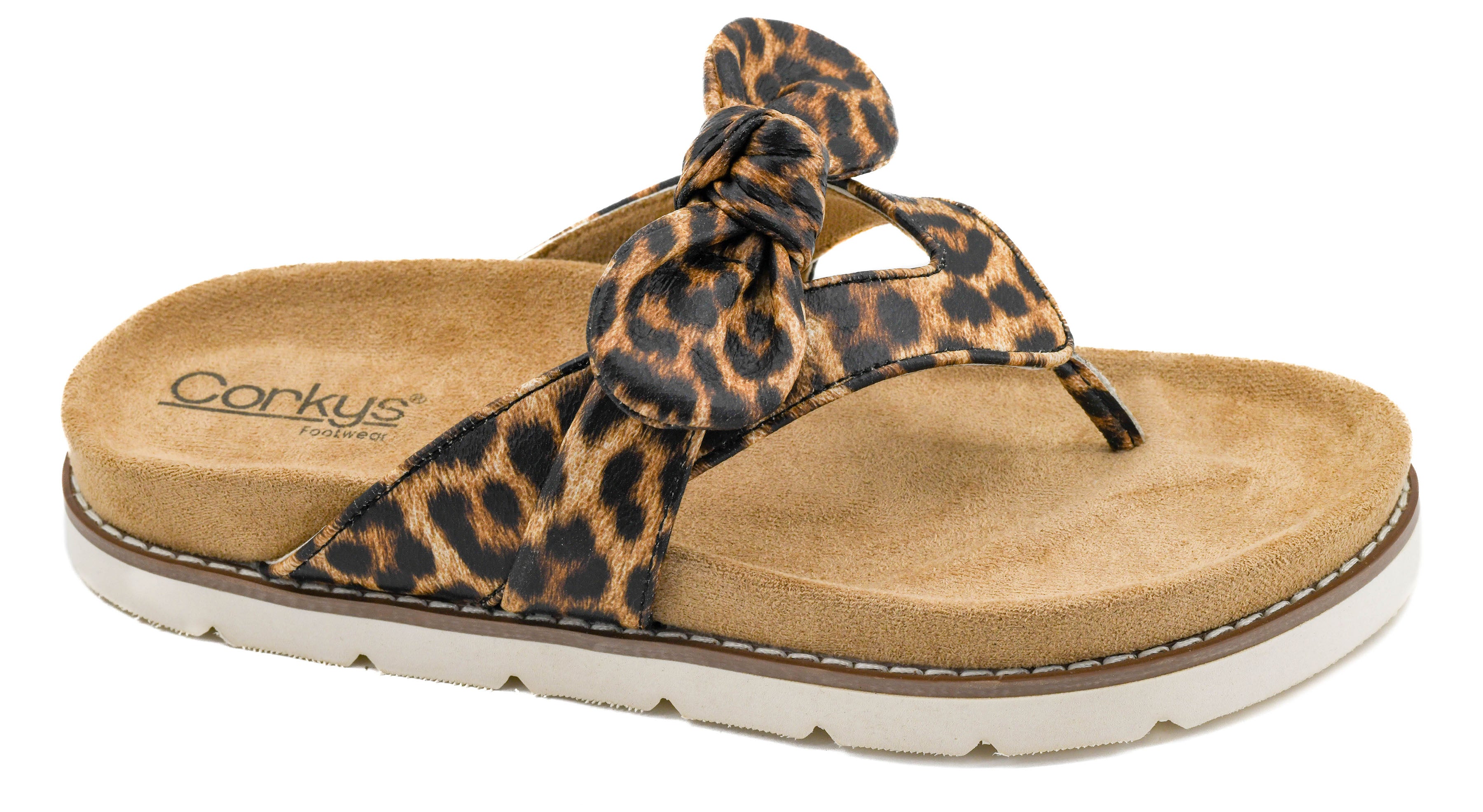 Corky's suede sold platform thong style sandals with black and brown leopard print upper with matching bow. White sole.
