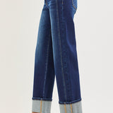 Deep Blue Straight Ankle Cuff Double Seam Denim | Mid Rise