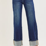 Deep Blue Straight Ankle Cuff Double Seam Denim | Mid Rise