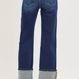 Deep Blue Straight Ankle Cuff Double Seam Denim | Mid Rise