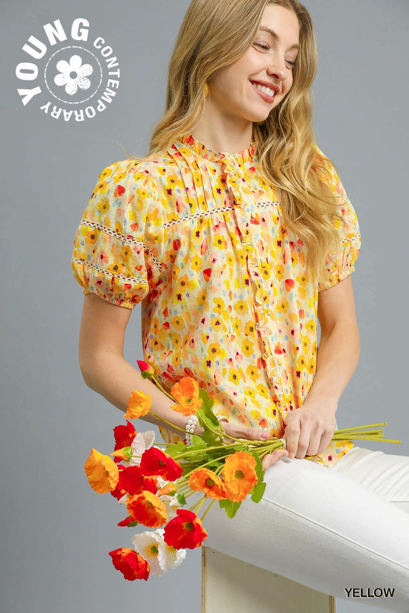 Yellow Watercolor Floral Pintuck Blouse