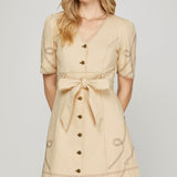 Western Vibe Embroidered Dress with Waist Tie