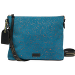 Consuela slate blue suede crossbody with copper flecks, an adjustable strap two inside pockets with a zipper closure, an interior slide pocket, credit card slots, and a removable studded black leather strap