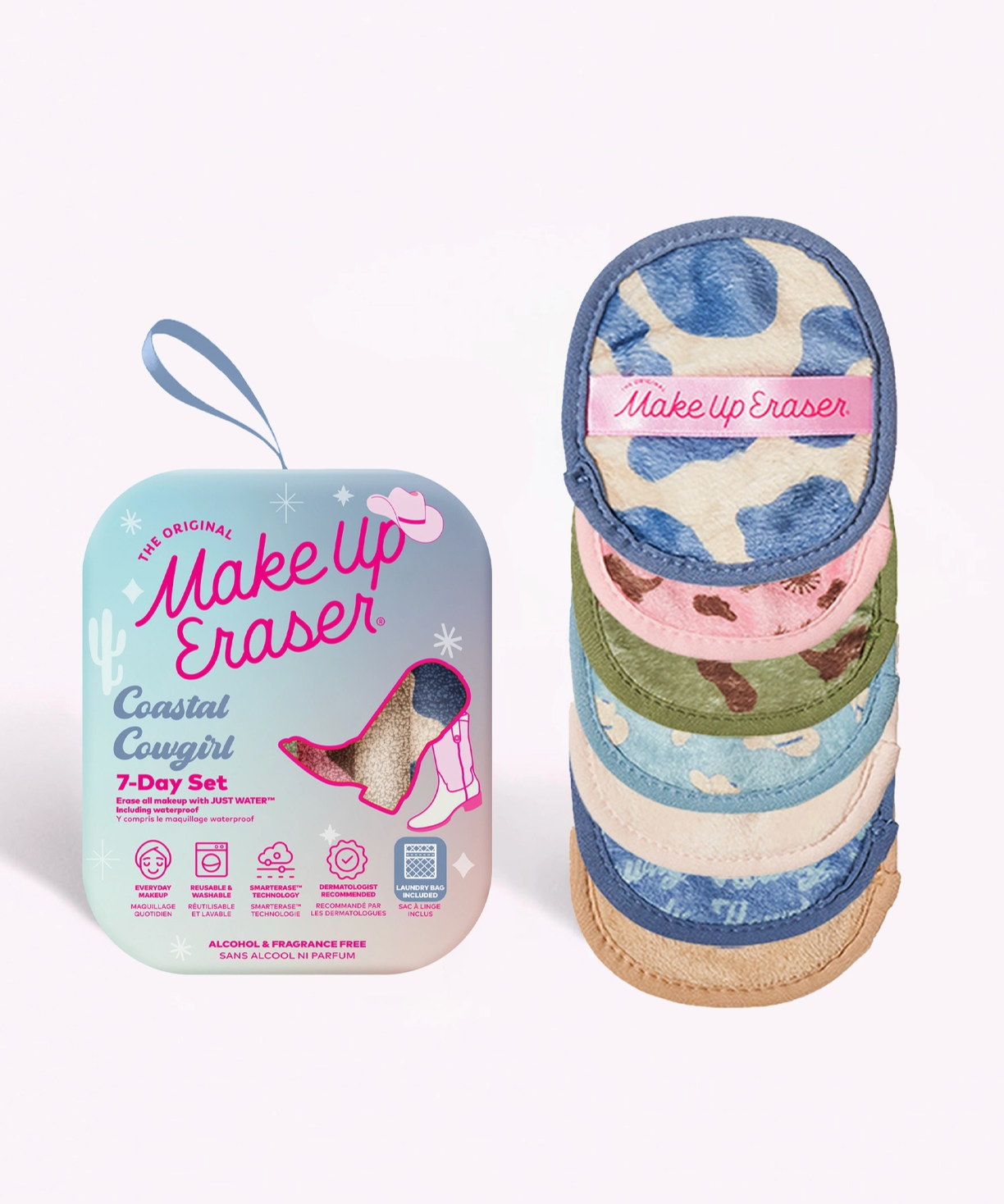 Set of 7 Makeup Eraser pads in neutral blues, greens and pinks with a western, beachy theme.