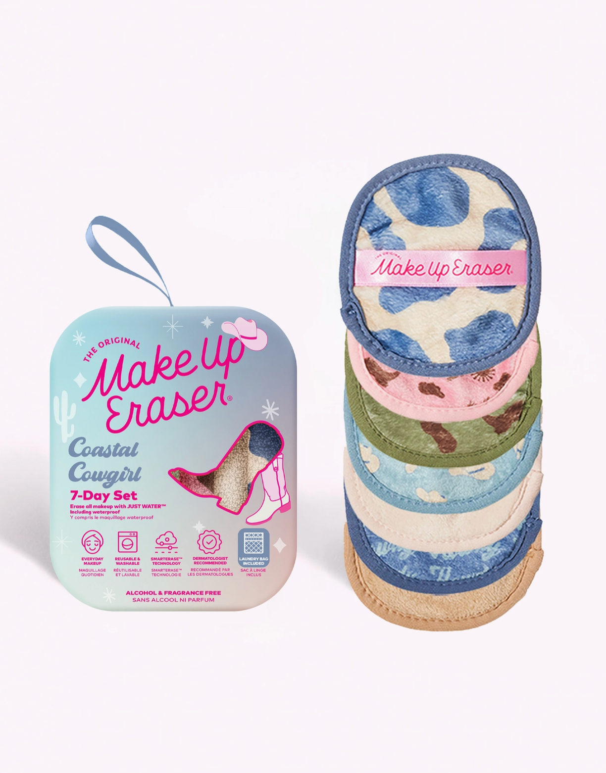 Set of 7 Makeup Eraser pads in neutral blues, greens and pinks with a western, beachy theme.