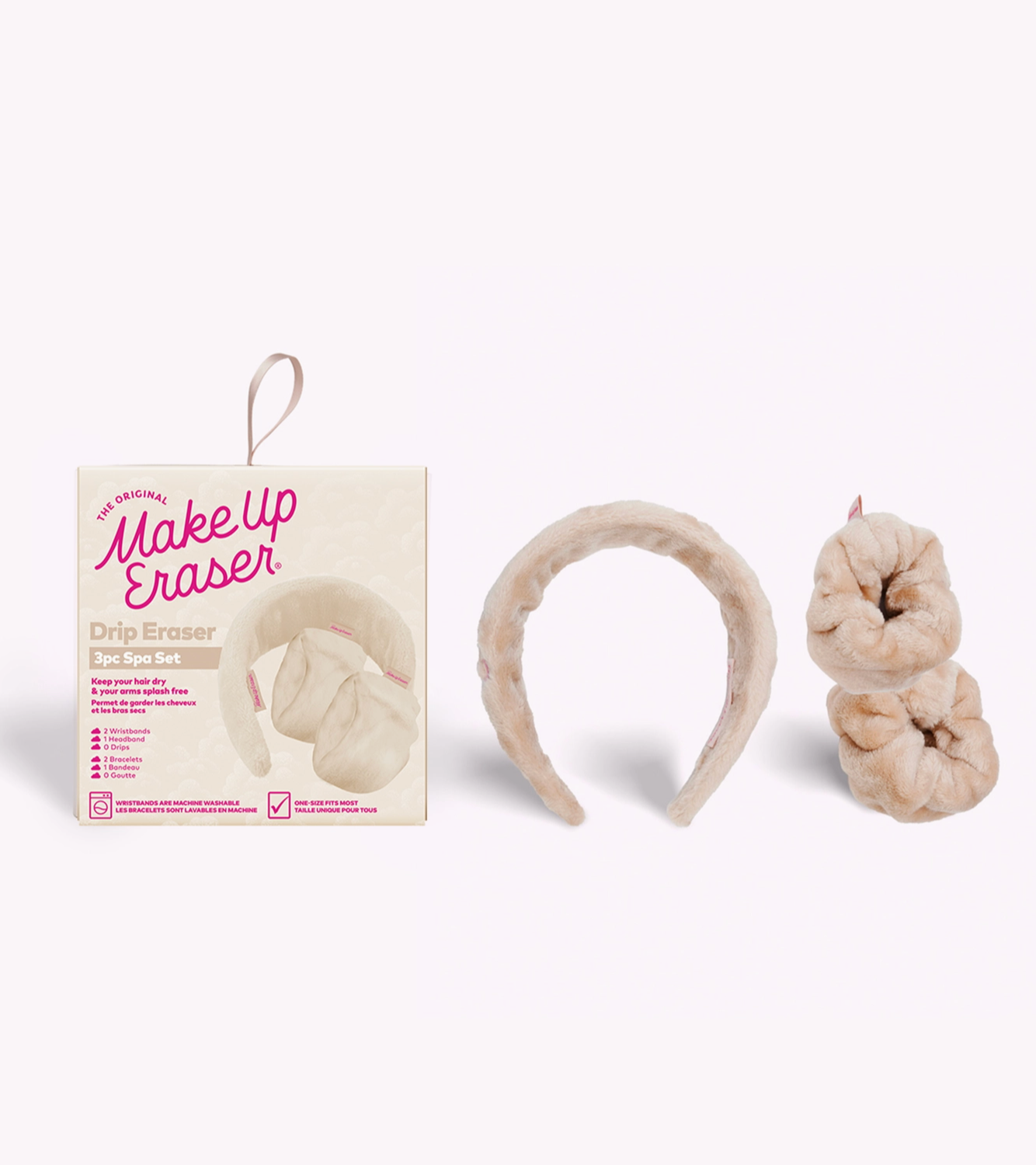 Set of two cream plush wrist bands and a matching plus headband