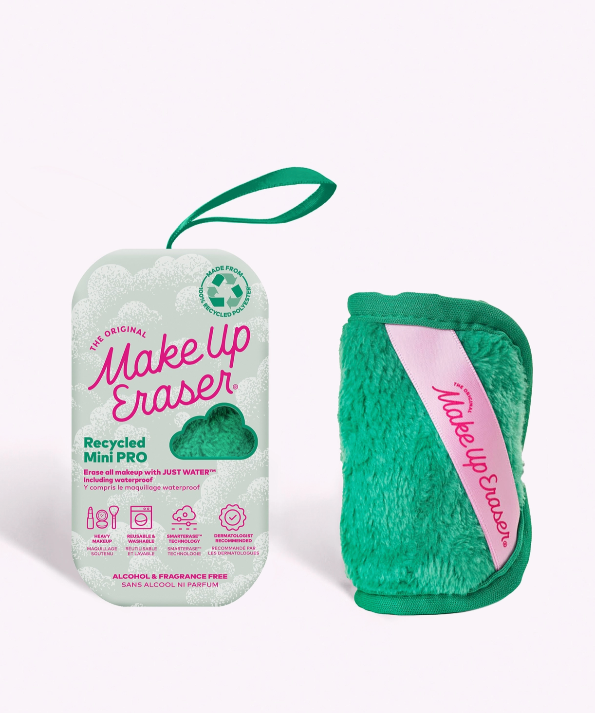 An 8 by 4 inch Makeup Eraser pad in a kelly green color.
