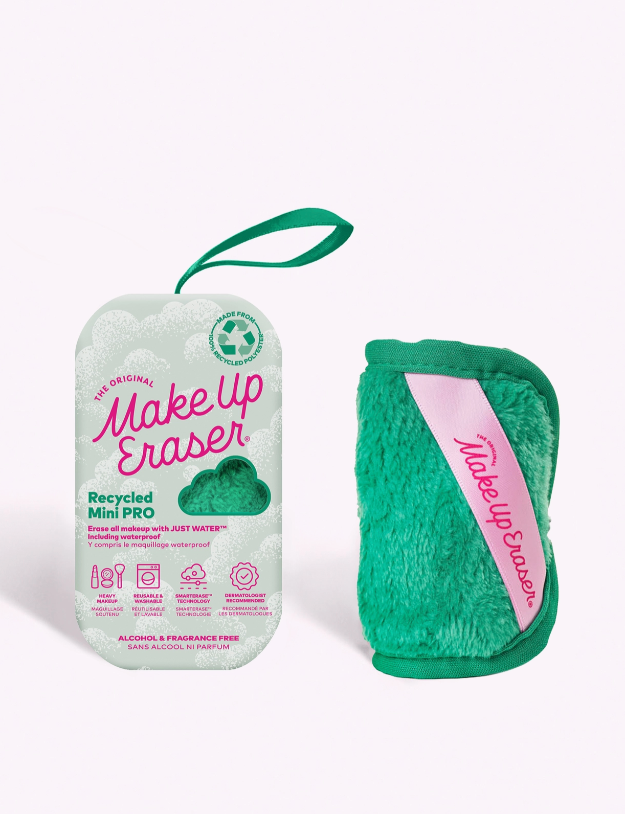 An 8 by 4 inch Makeup Eraser pad in a kelly green color.