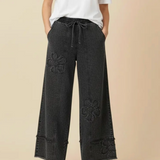 Black Floral Applique Fray Hem Pant