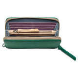 Consuela essential wallet in bold green teal leather with zipper closure.