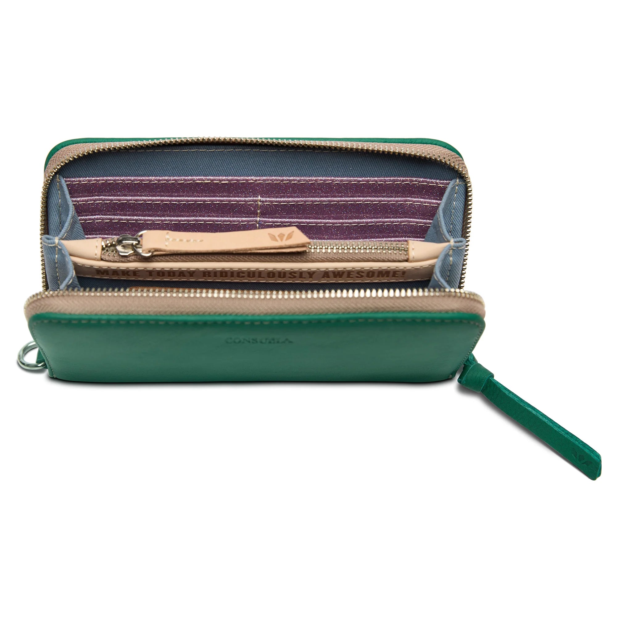 Consuela essential wallet in bold green teal leather with zipper closure.
