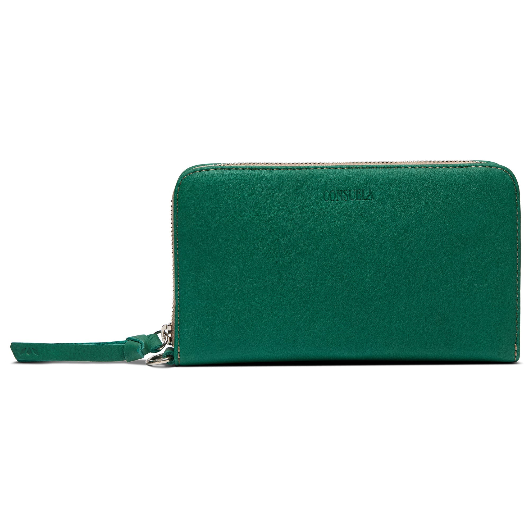 Consuela essential wallet in bold green teal leather with zipper closure.