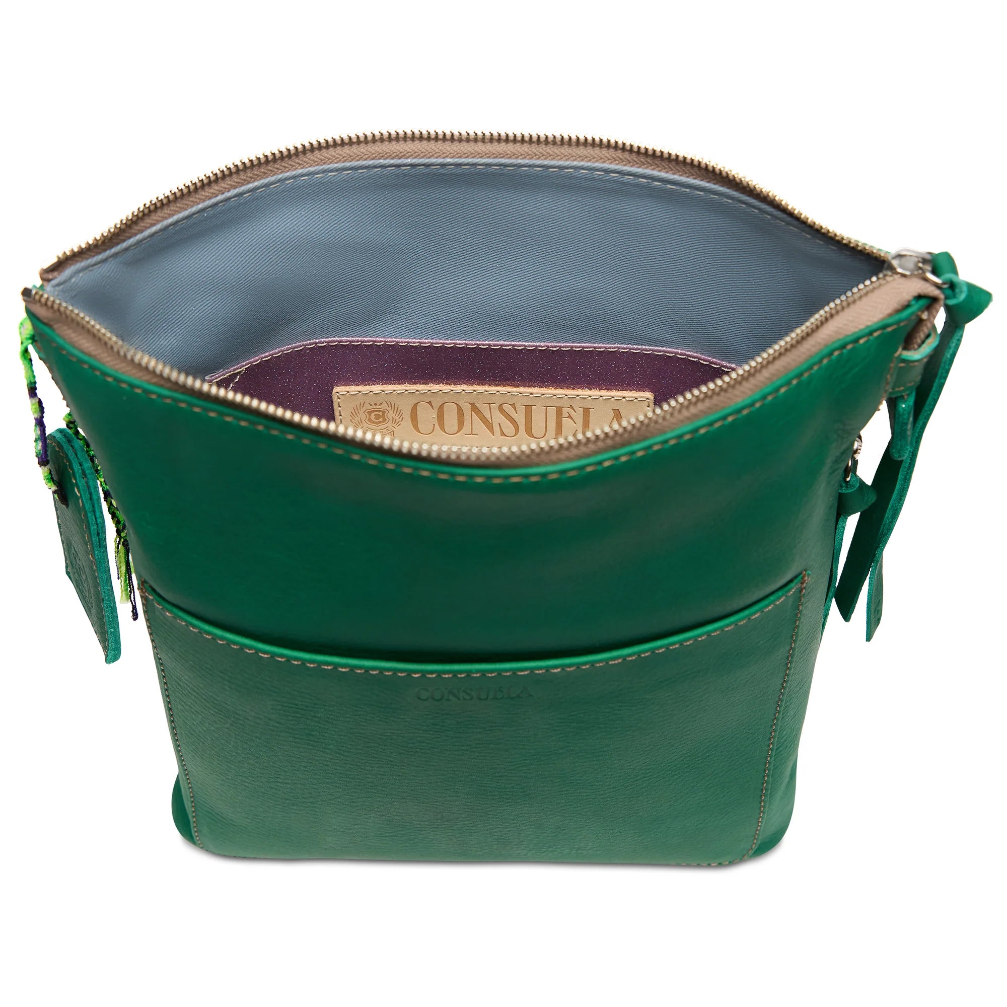Consuela medium sized crossbody in bold green teal leather with zipper top and braided strap.