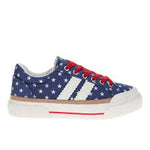 Corky's sneakers featuring navy with white stars, white stripes on the side and red laces.