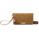 Consuela uptown crossbody in brown suede with metallic flecks, multi colored braided strap and leather wristlet.