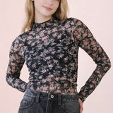 Black + Mauve Floral Sheer Mock Neck L/S