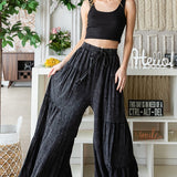 Black Mineral Wash Tiered Wide Leg Pant