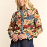 Floral Jacquard Jacket with Denim Trim