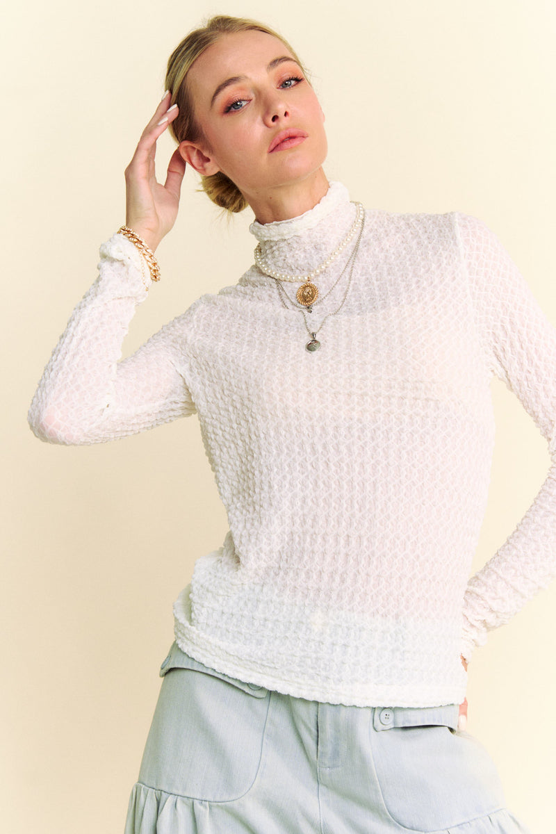 White Texture Mock Neck Mesh
