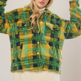 Green + Mustard Plaid Fur Button Jacket