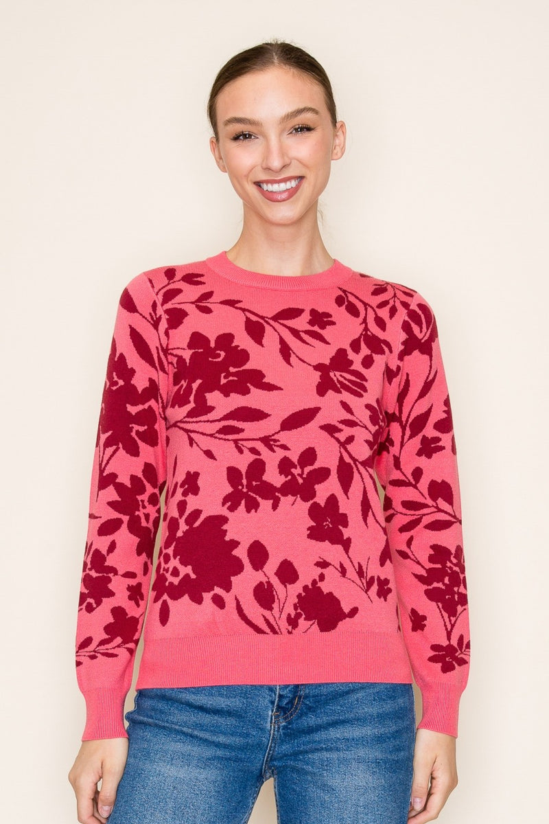 Pink Flower Jacquard Sweater
