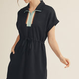 Black Drawstring Waist Yoke Trim Dress