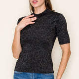 Lurex Yarn Mock Neck Short Sleeve Sweater