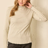 Mini Stripe Flutter Hem Mock Neck Long Sleeve