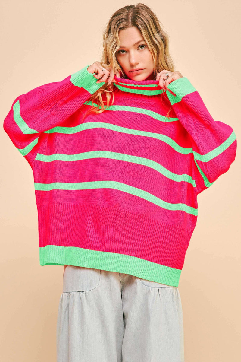 Neon + Fuchsia Oversize Stripe Cowl Sweater