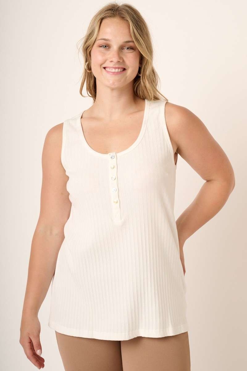Ivory Ribbed Scoop Neck Button Tank