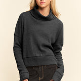 Black Waffle Cowl Neck Pullover