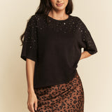 Black Wash Studded Loose Fit Top