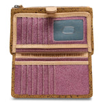 Consuela slim wallet in brown suede with metallic flecks and magenta interior.
