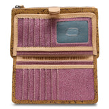 Consuela slim wallet in brown suede with metallic flecks and magenta interior.