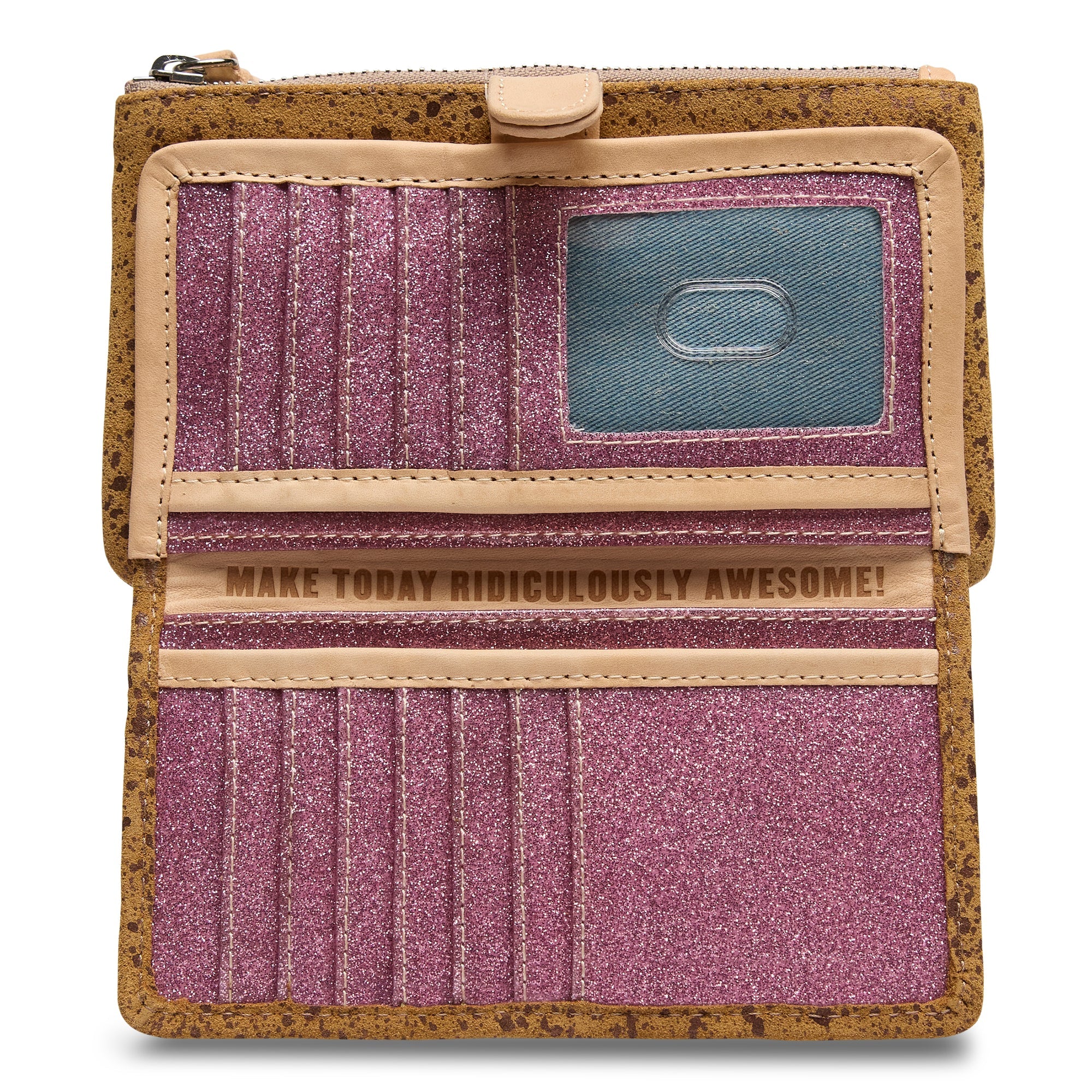 Consuela slim wallet in brown suede with metallic flecks and magenta interior.