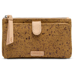 Consuela slim wallet in brown suede with metallic flecks and magenta interior.