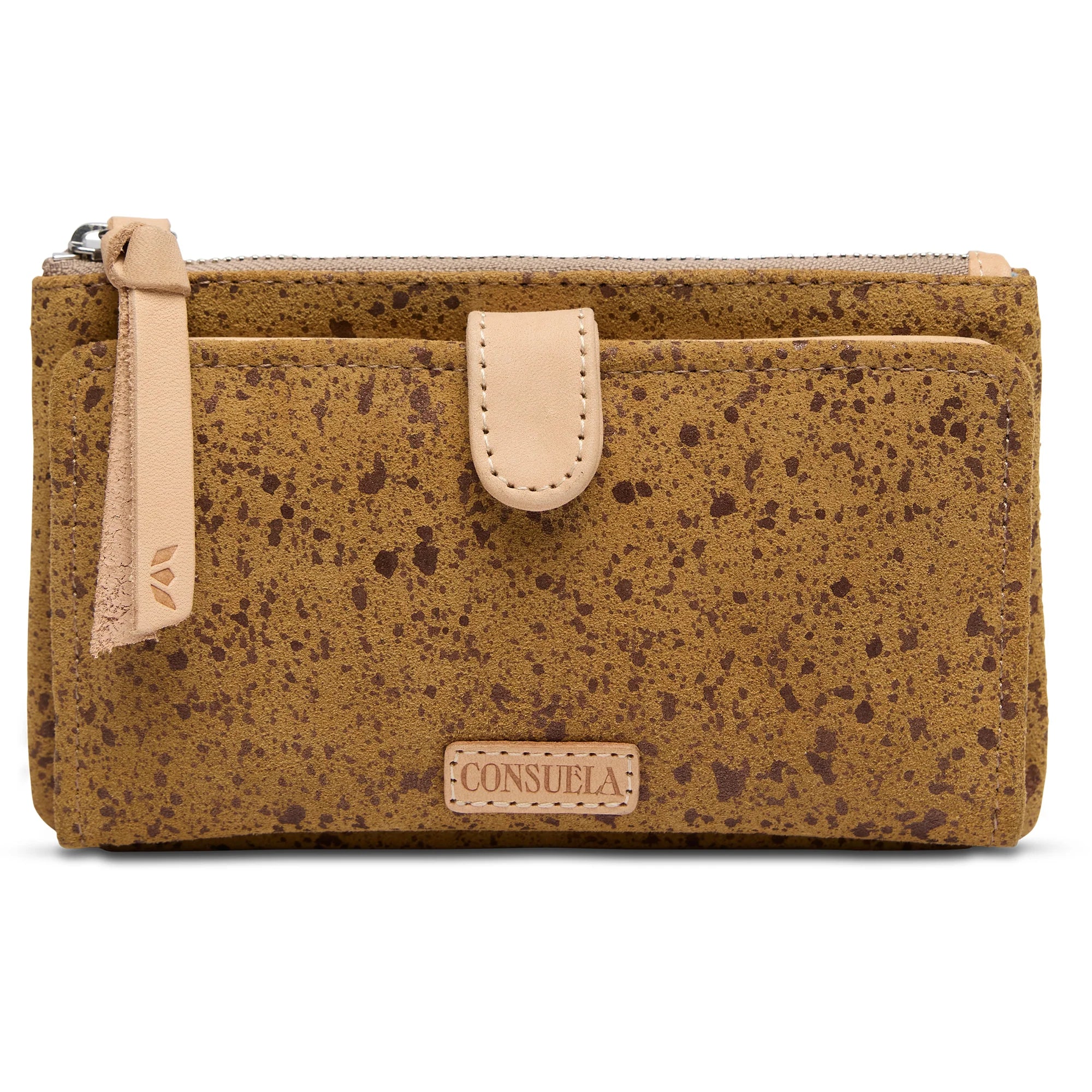 Consuela slim wallet in brown suede with metallic flecks and magenta interior.