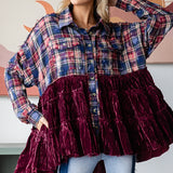 Vintage Wine Velvet Plaid Tiered Button Up