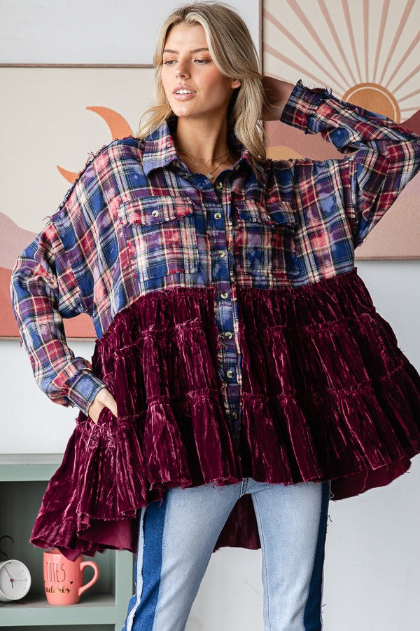 Vintage Wine Velvet Plaid Tiered Button Up