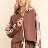 Mocha Brown Lace Detail Zip Up Jacket + Jogger Set