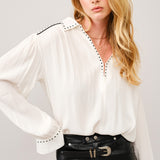 White Studded Contrast Piping L/S Blouse