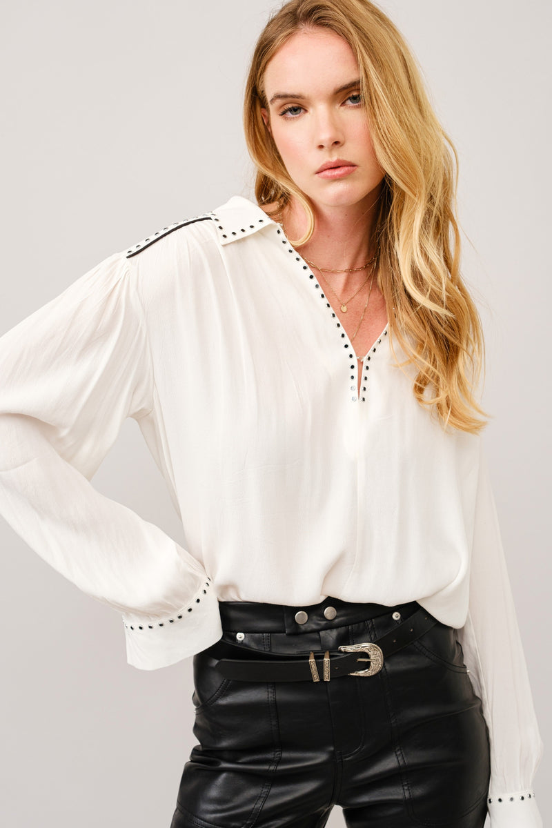 White Studded Contrast Piping L/S Blouse